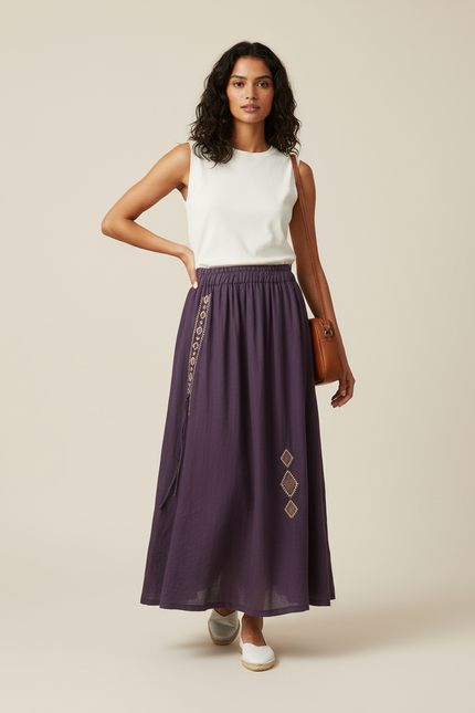 Jupe Longue Pourpre Brodée Bohème