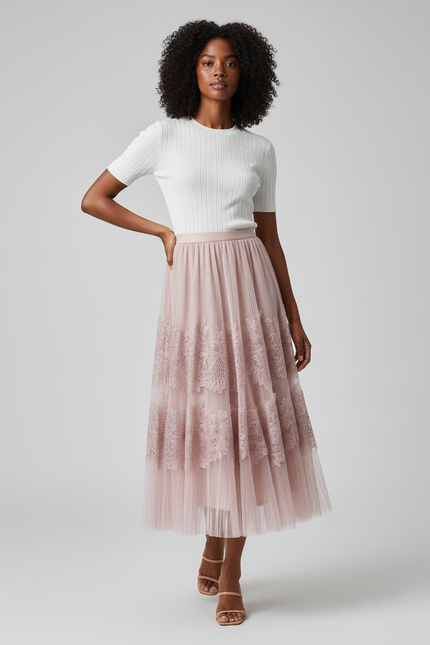 Jupe Longue Rose Dentelle Fluide