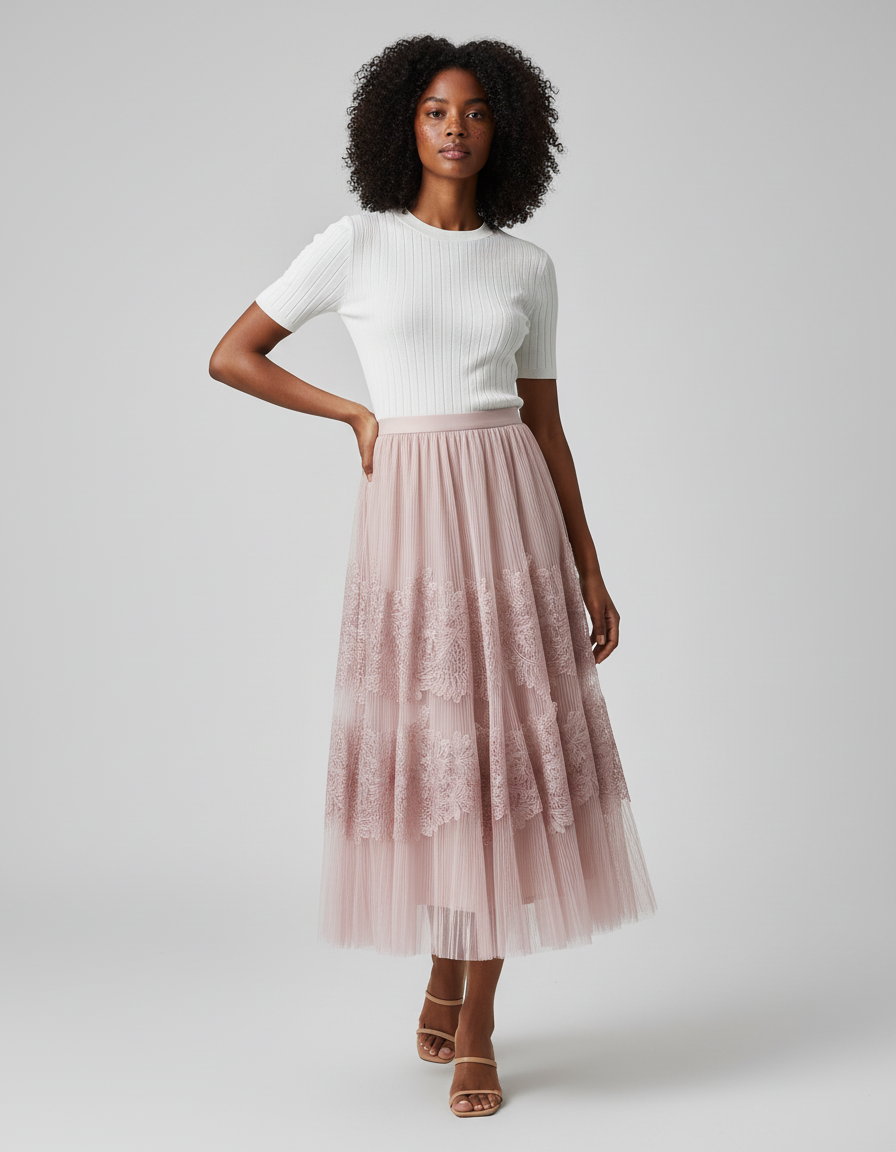 Jupe Longue Rose Dentelle Fluide