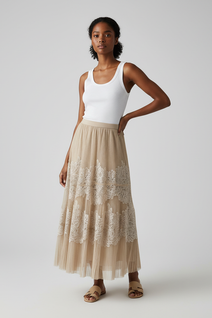 Jupe Longue Plissée Dentelle Fluide