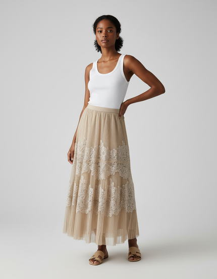 Jupe Longue Plissée Dentelle Fluide