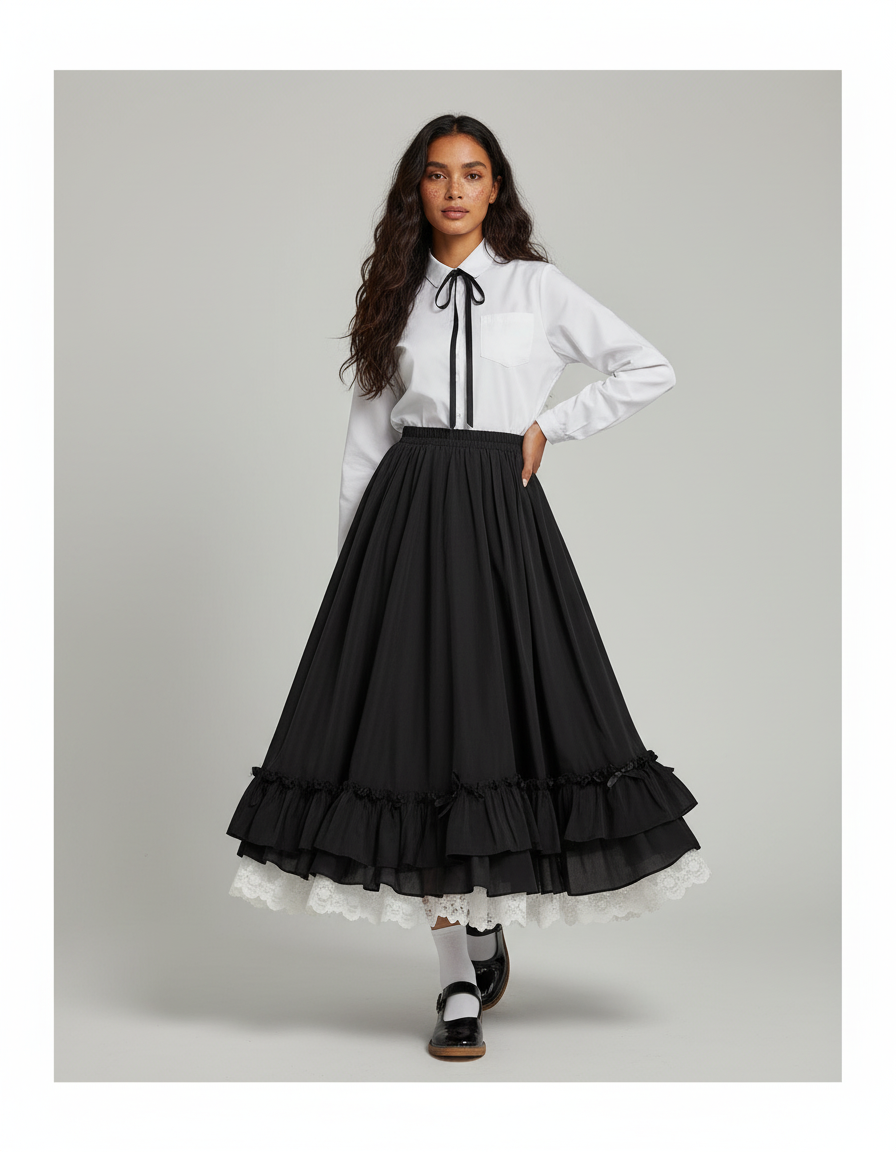 Jupe Longue Volants Dentelle Collège