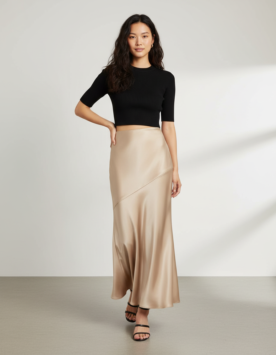 Jupe Longue Satin Beige Élégante