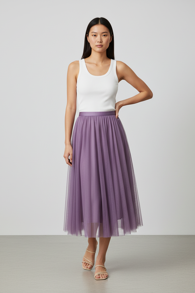 Jupe Longue Tulle Lavande Plissée