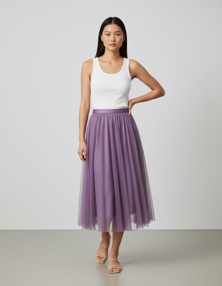 Jupe Longue Tulle Lavande Plissée