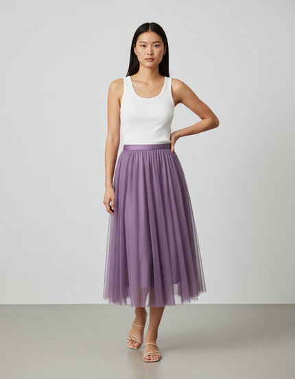 Jupe Longue Tulle Lavande Plissée