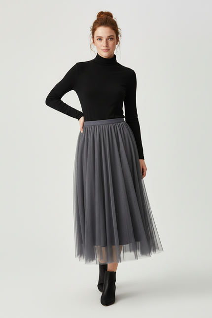 Jupe Longue Grise Tulle Plissée