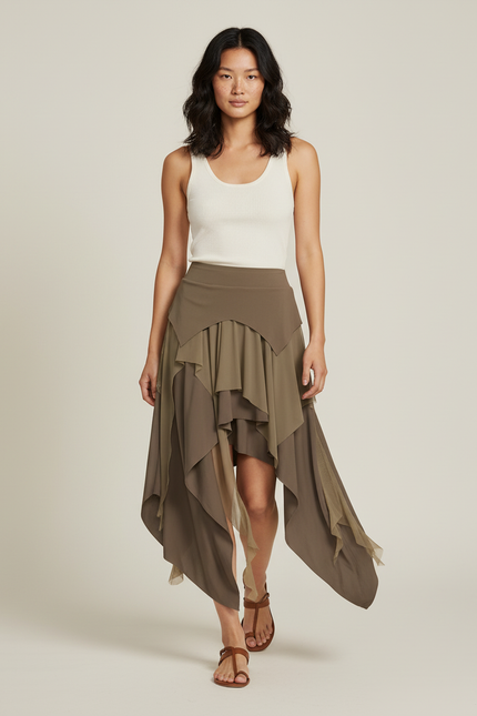 Jupe Longue Asymétrique Kaki Fluide