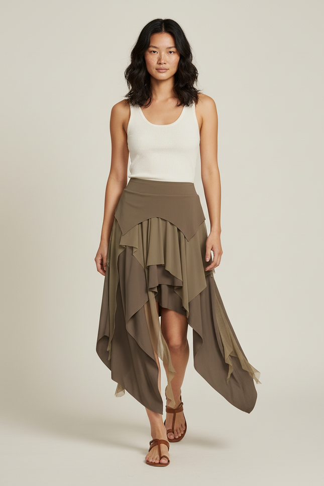 Jupe Longue Asymétrique Kaki Fluide