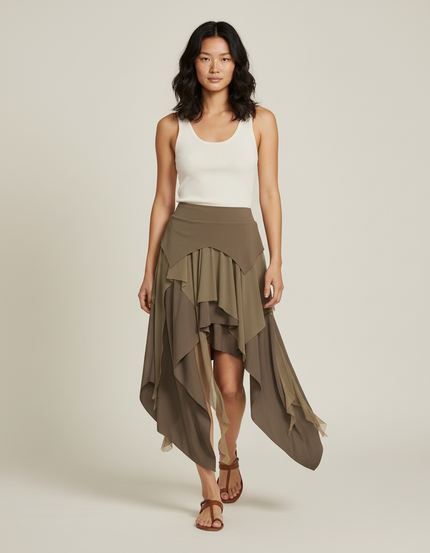 Jupe Longue Asymétrique Kaki Fluide
