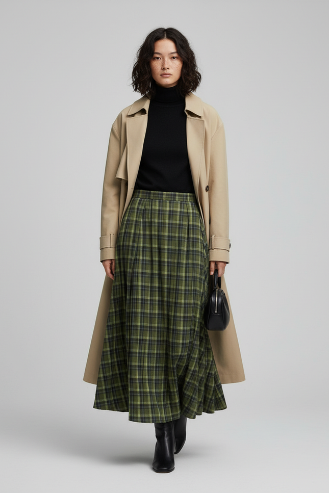 Jupe Longue Plissée A Carreaux