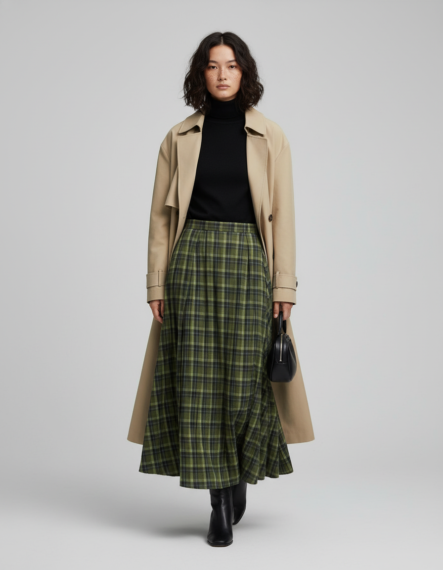 Jupe Longue Plissée A Carreaux