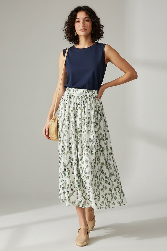 Jupe Longue Imprimée Feuilles Fluide Chic