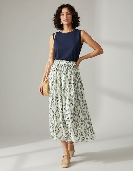 Jupe Longue Imprimée Feuilles Fluide Chic