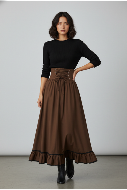 Jupe Longue Marron Taille Corset Élégante