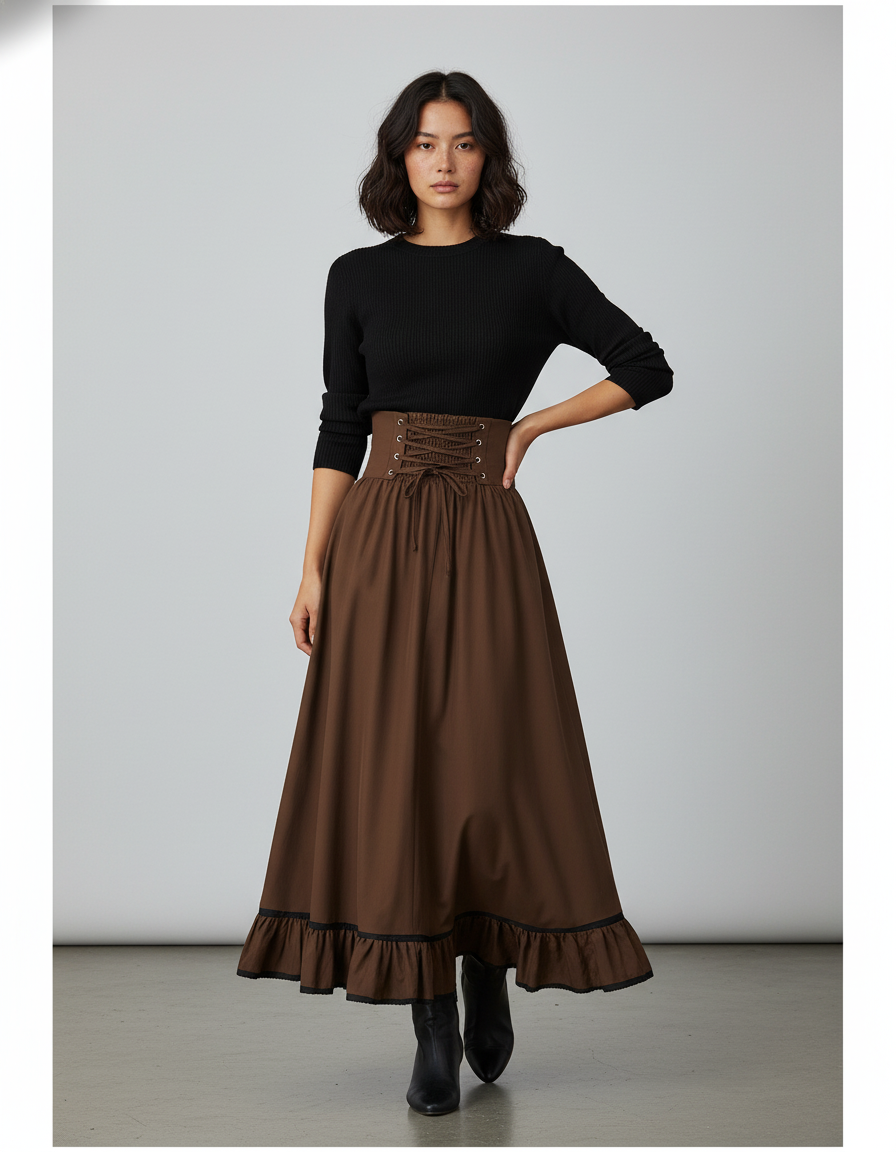 Jupe Longue Marron Taille Corset Élégante