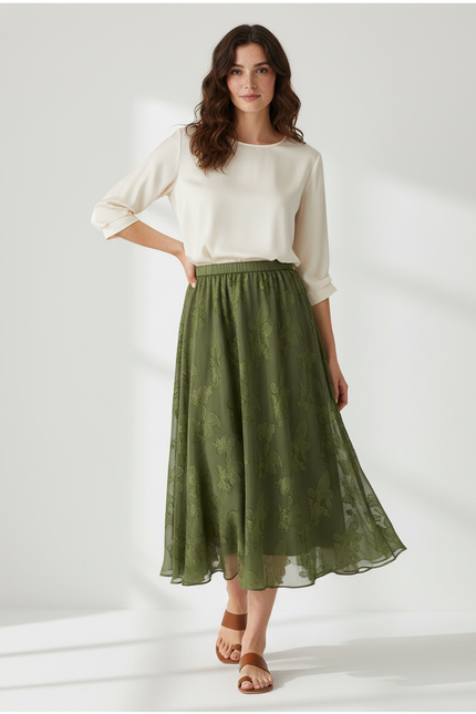 Jupe Longue Vert Olive Motif Floral Fluide