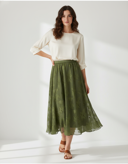 Jupe Longue Vert Olive Motif Floral Fluide