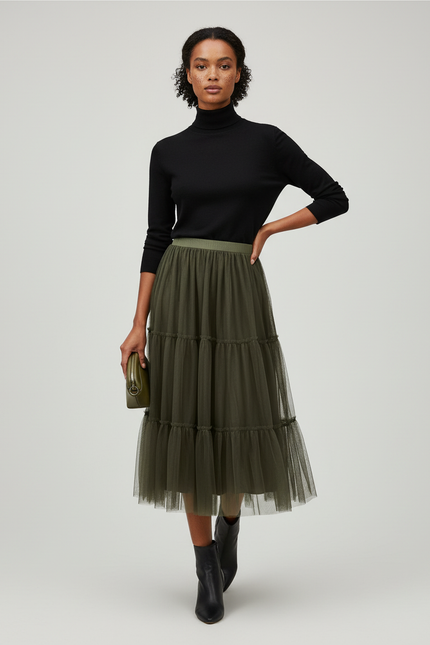 Jupe Longue Kaki Tulle Chic