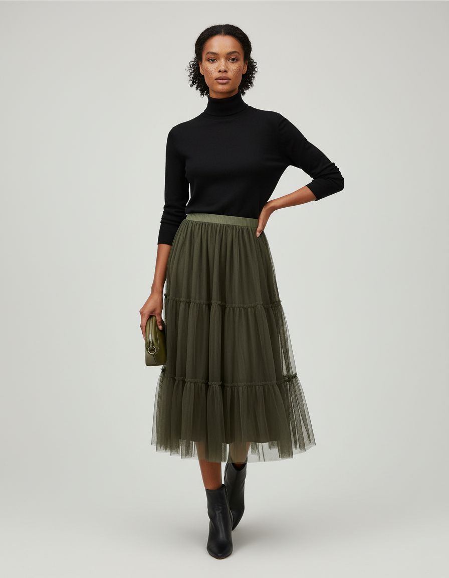 Jupe Longue Kaki Tulle Chic