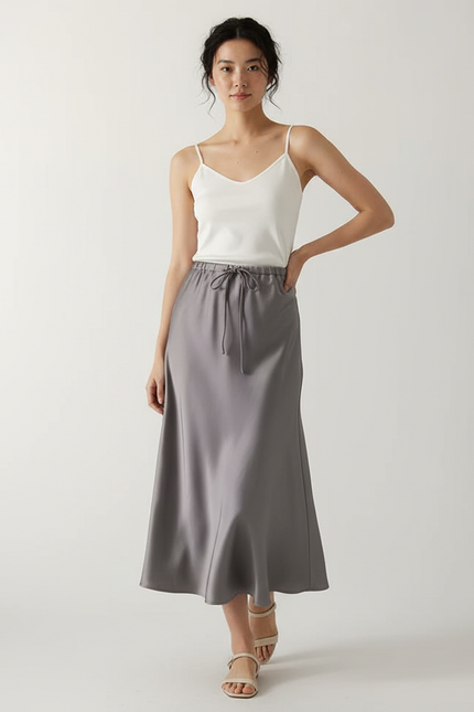 Jupe Longue Grise Satinée Élégante Mode