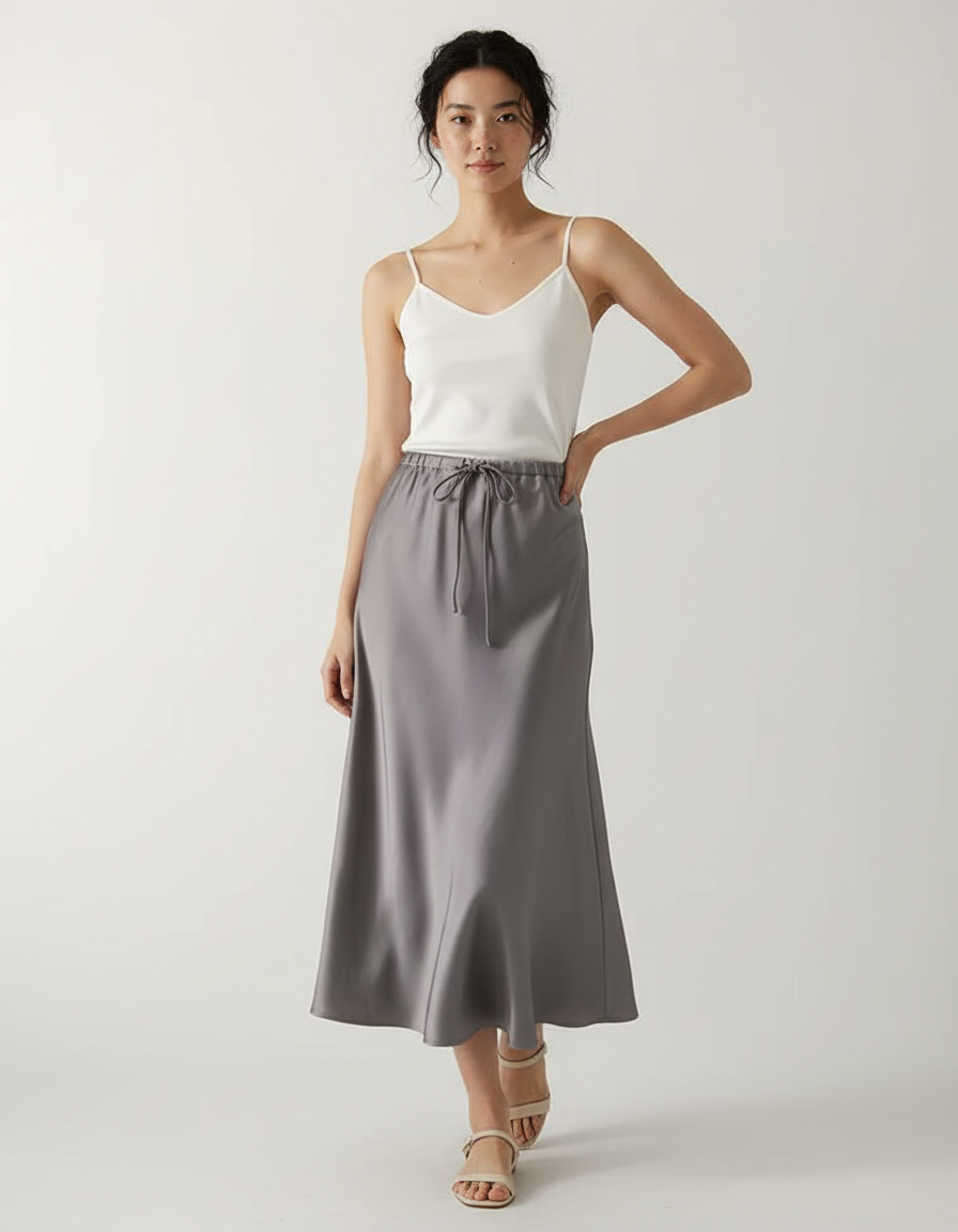 Jupe Longue Grise Satinée Élégante Mode