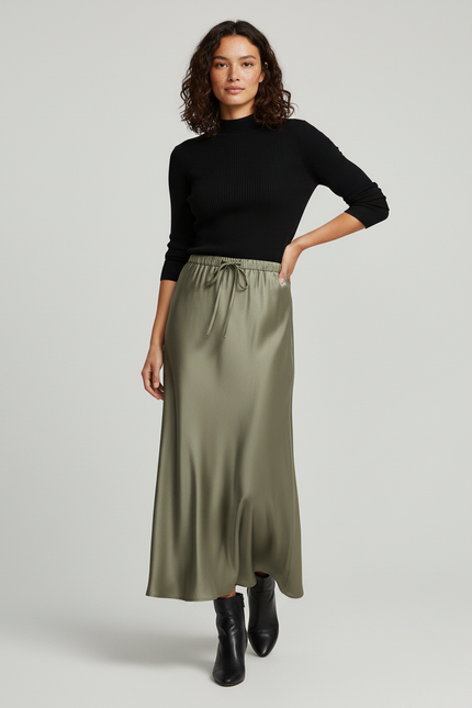 Jupe Longue Vert Kaki Satinée Élégante