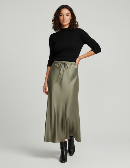 Jupe Longue Vert Kaki Satinée Élégante