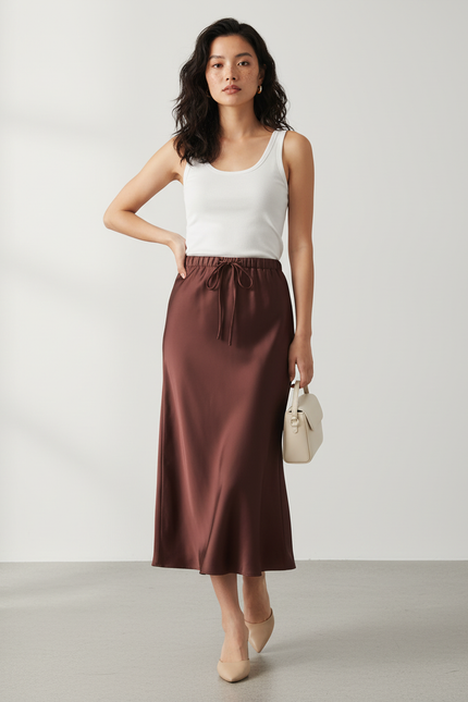 Jupe Longue Marron Satin Élégante
