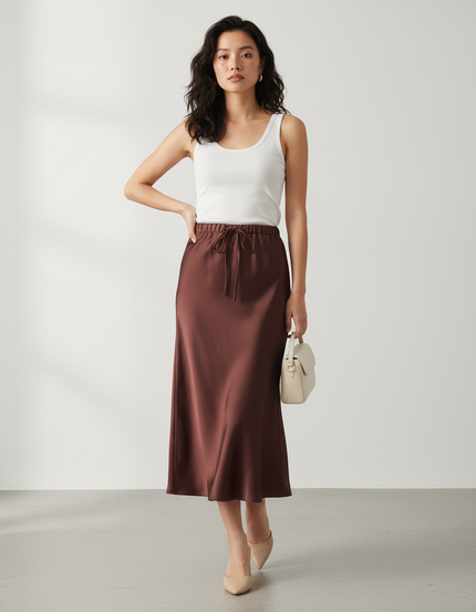 Jupe Longue Marron Satin Élégante