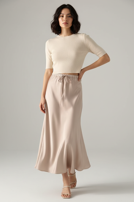 Jupe Longue Satin Beige Élégante Chic