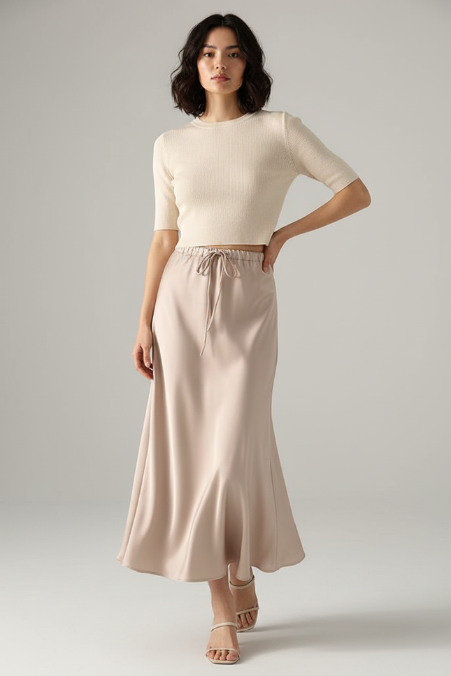 Jupe Longue Satin Beige Élégante Chic