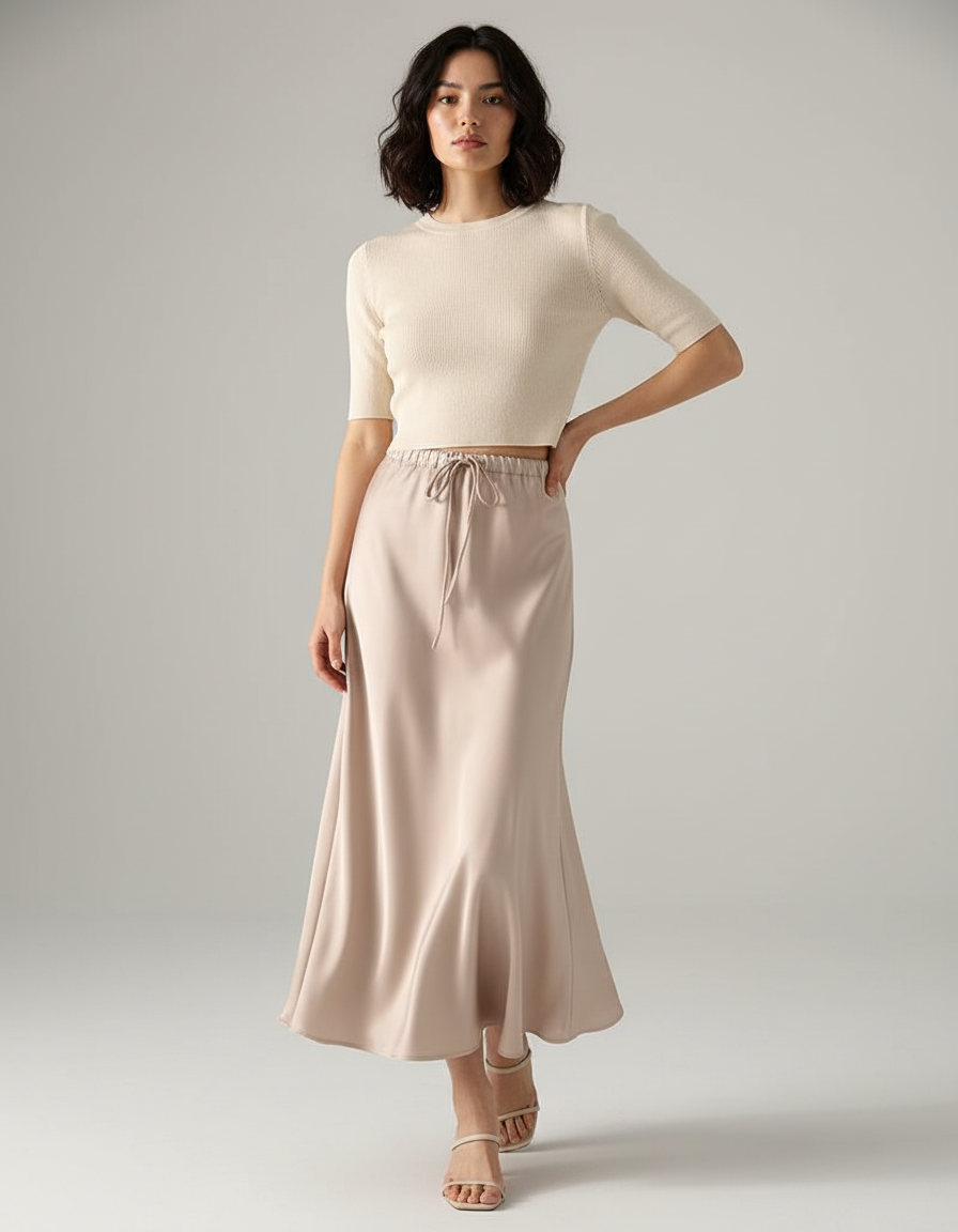 Jupe Longue Satin Beige Élégante Chic