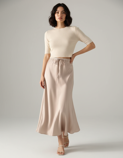 Jupe Longue Satin Beige Élégante Chic