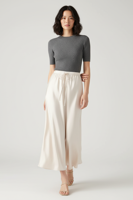 Jupe Longue Satin Beige Fluide Femme