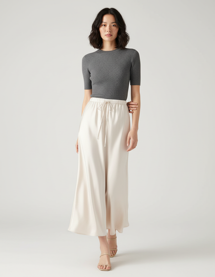 Jupe Longue Satin Beige Fluide Femme