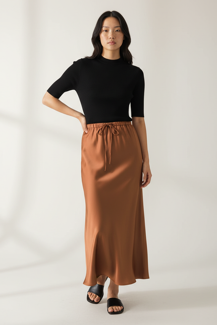 Jupe Longue Satinée Rouille Élégante