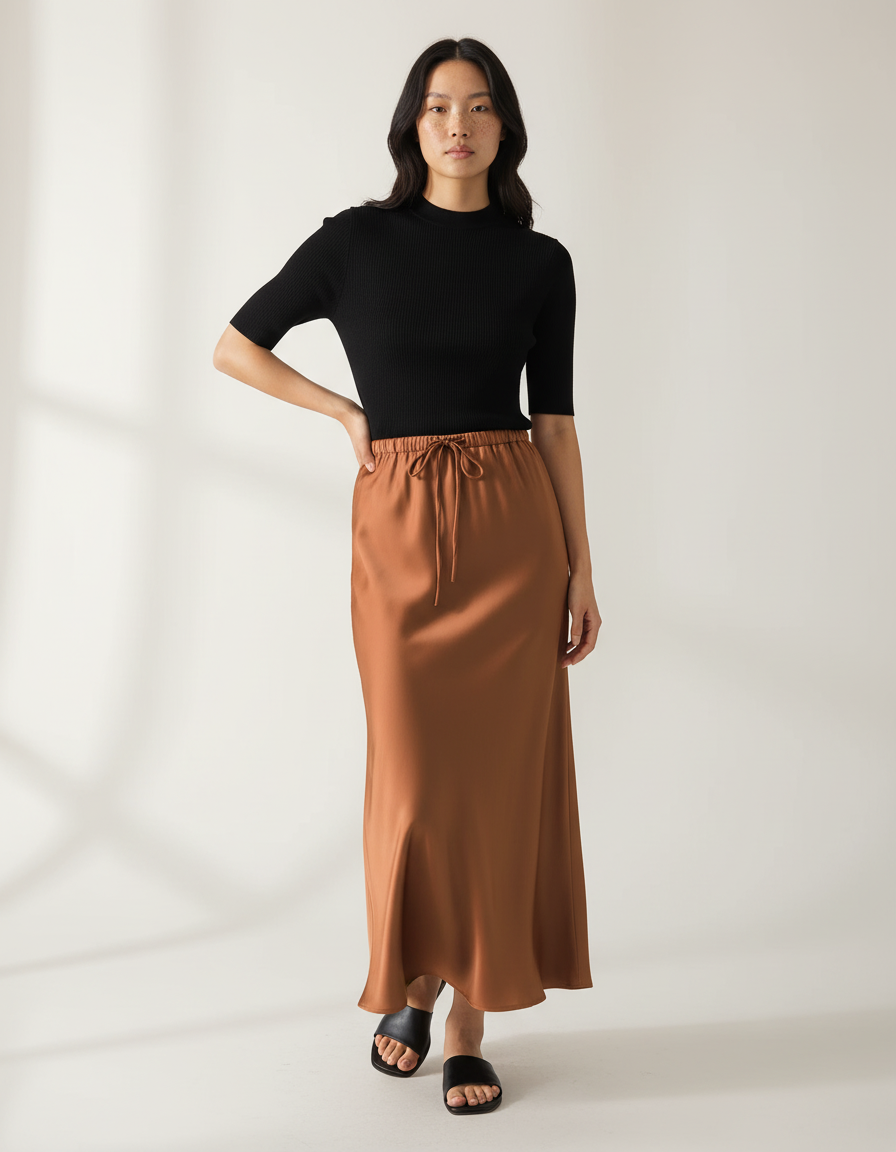 Jupe Longue Satinée Rouille Élégante
