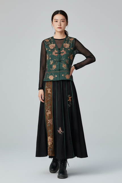 Jupe Longue Noire Brodée Élégante Soirée