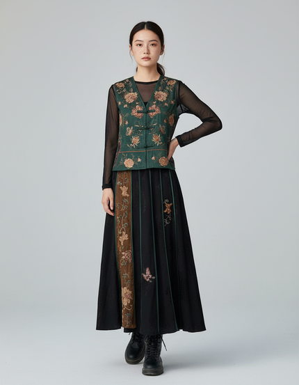 Jupe Longue Noire Brodée Élégante Soirée