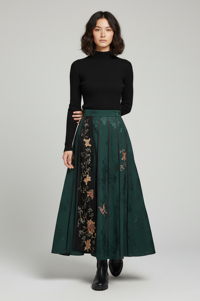 Jupe Longue Verte Brodée Florale Élégante