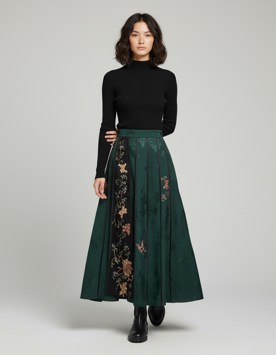Jupe Longue Verte Brodée Florale Élégante