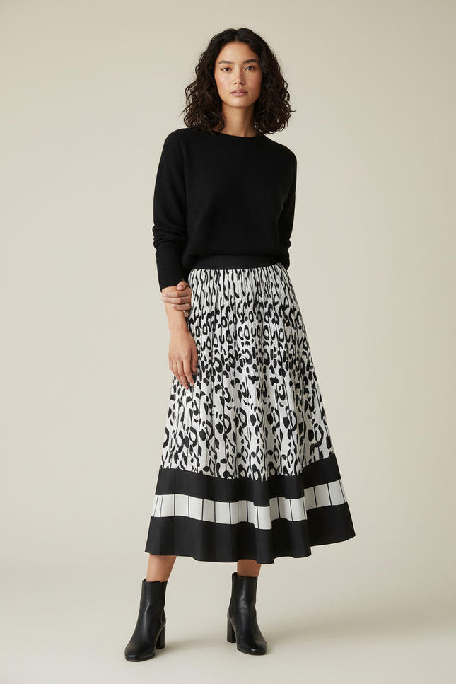 Jupe Longue Pliée Noir Et Blanc Élégante