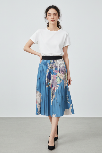 Jupe Longue Plissée Imprimé Carte Fluide