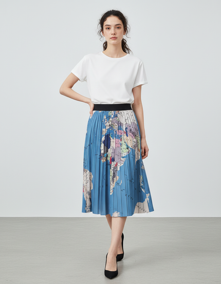 Jupe Longue Plissée Imprimé Carte Fluide