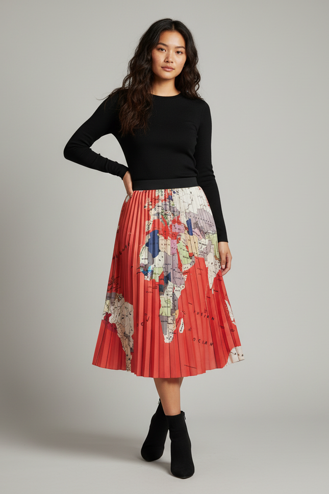 Jupe Longue Imprimé Carte Plissée Fluide