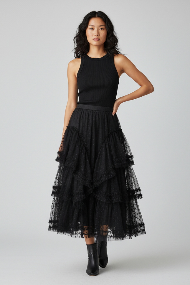 Jupe Longue Noire Volant