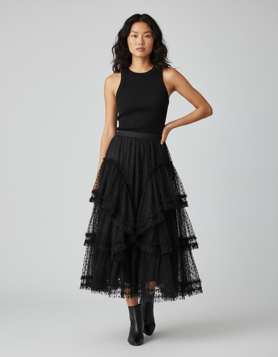 Jupe Longue Noire Volant