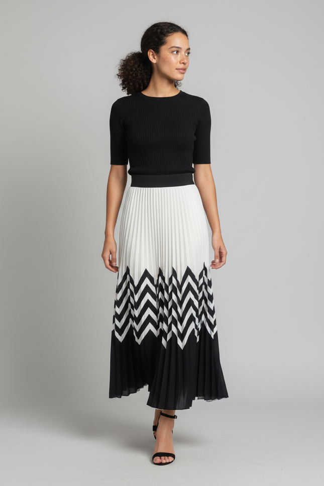 Jupe Longue Plissée Motif Chevron Chic