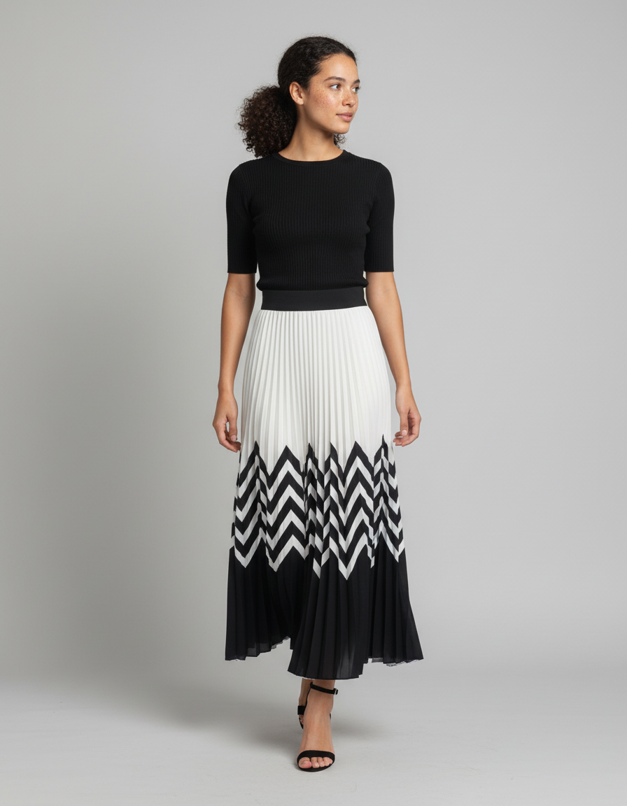 Jupe Longue Plissée Motif Chevron Chic